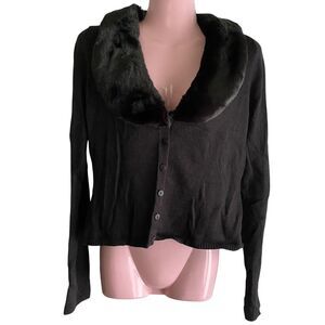 Koji Yohji Sweater Womens Small Black Faux Fur Collar Button Cardigan Knit Top